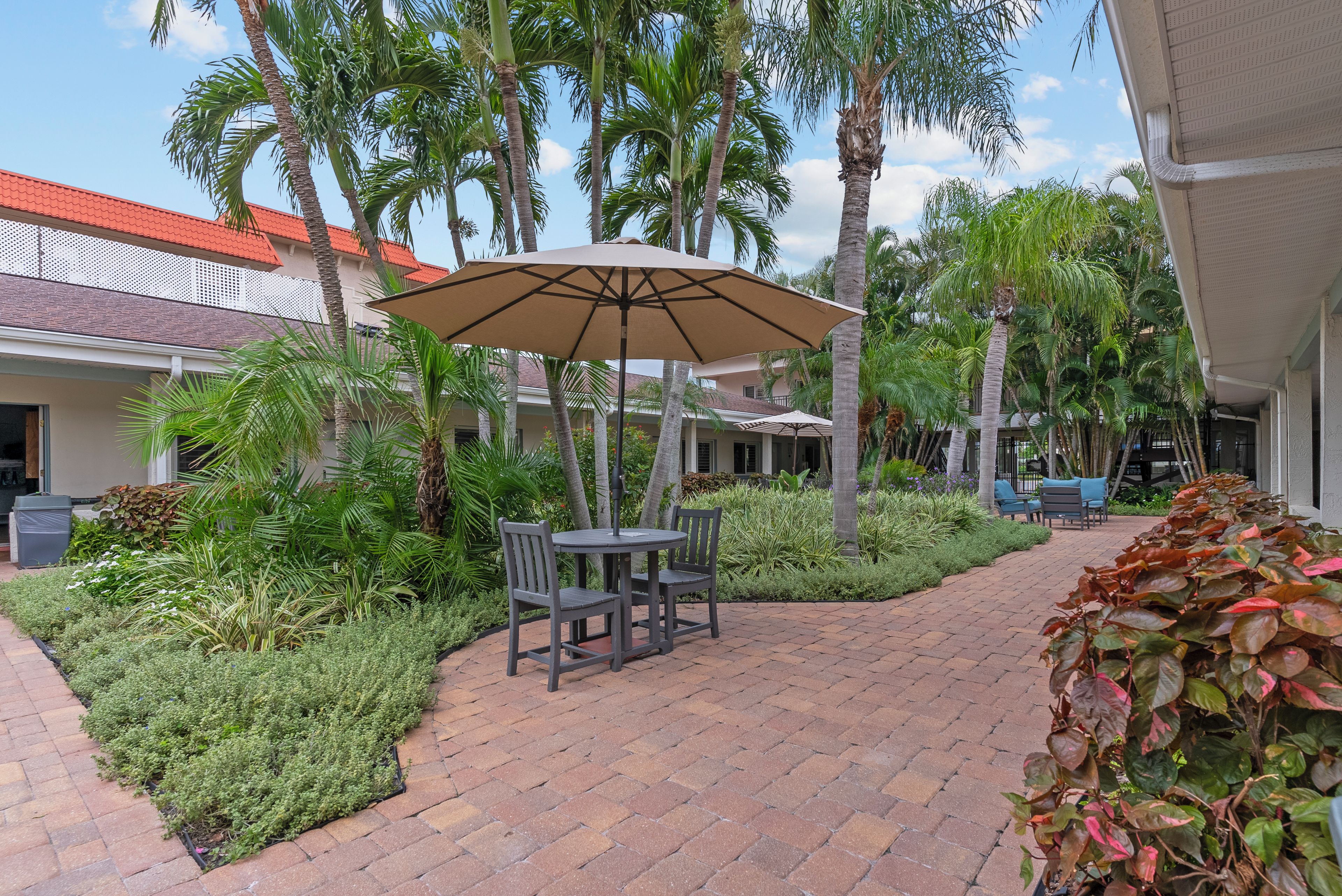 A paved patio area with a table and chairs under a large umbrella, surrounded by lush greenery and palm trees.