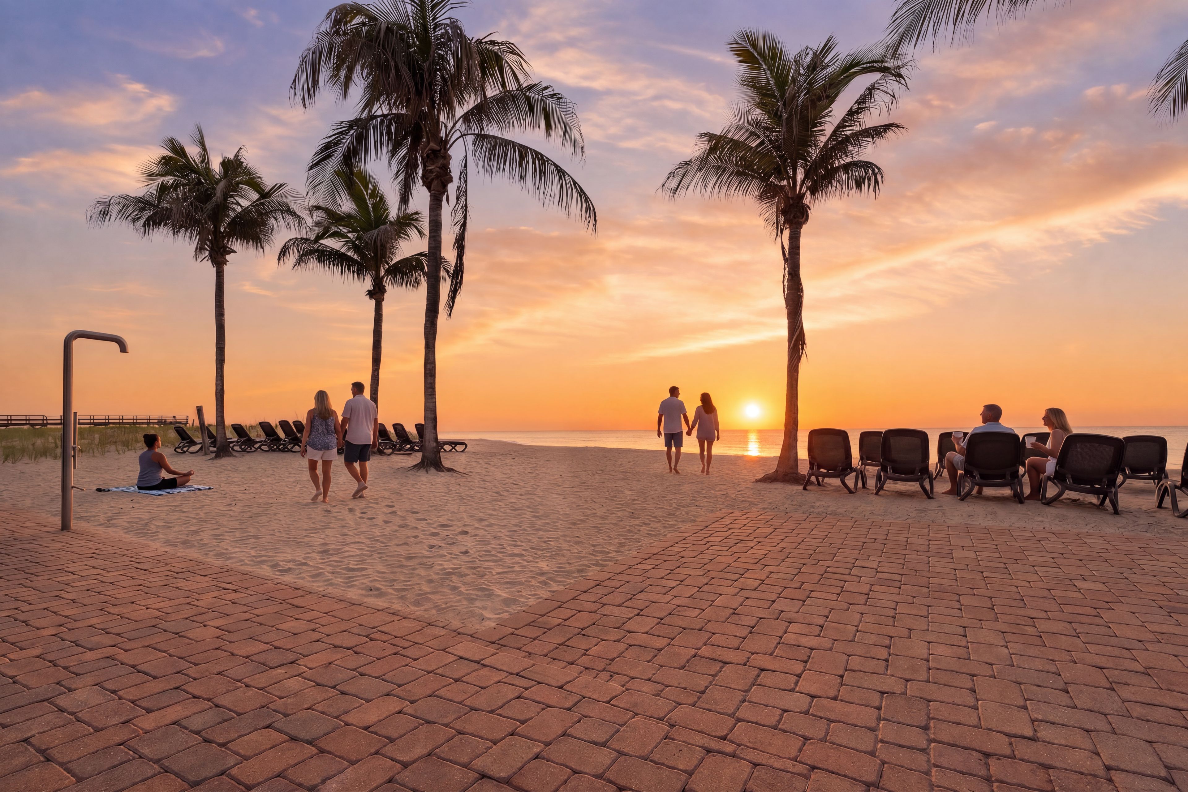 A beach with palm trees, sun loungers, and people walking.