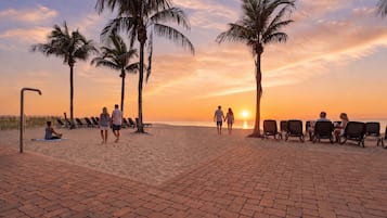 A beach with palm trees, sun loungers, and people walking.