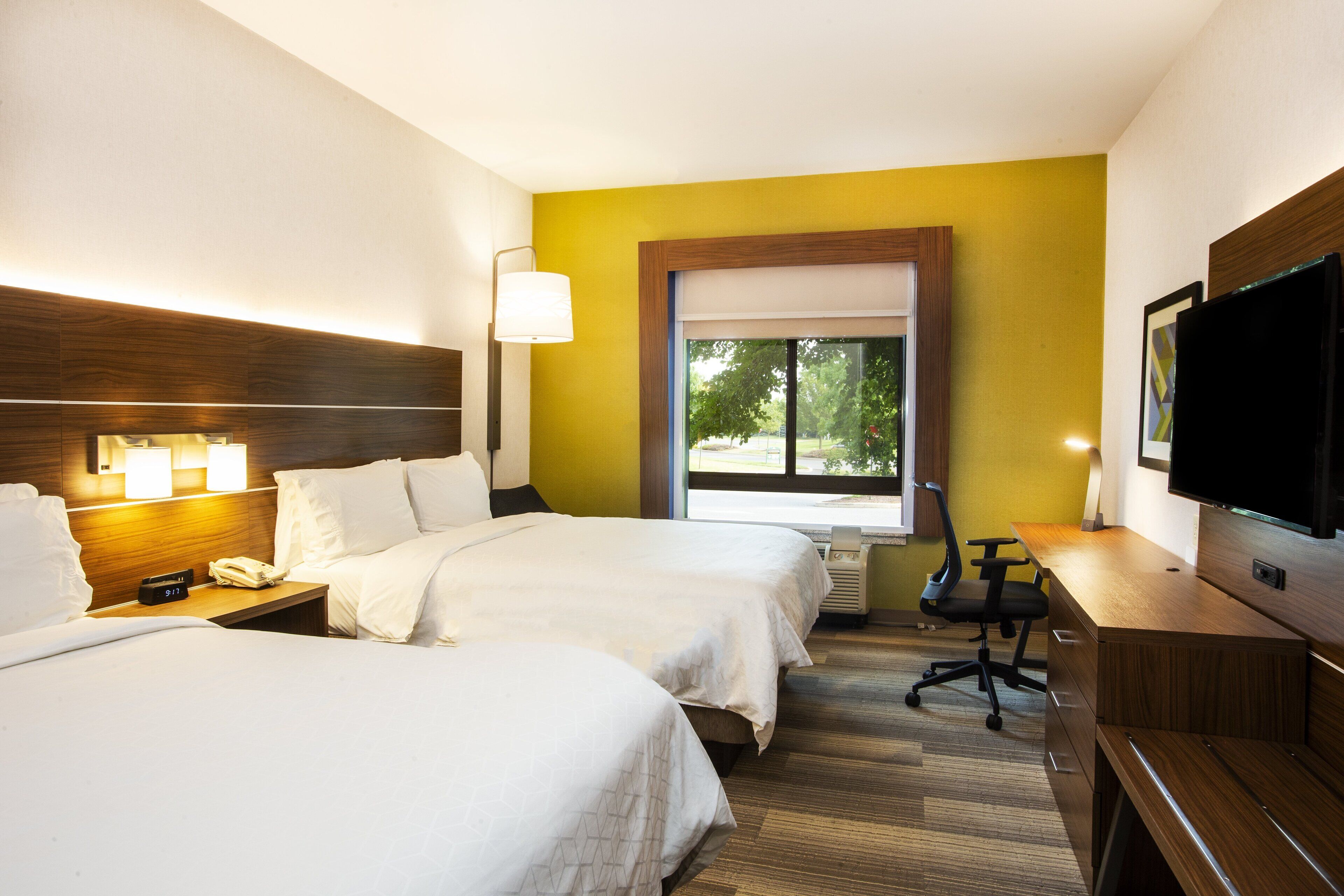 desk, laptop workspace, blackout curtains, iron/ironing board