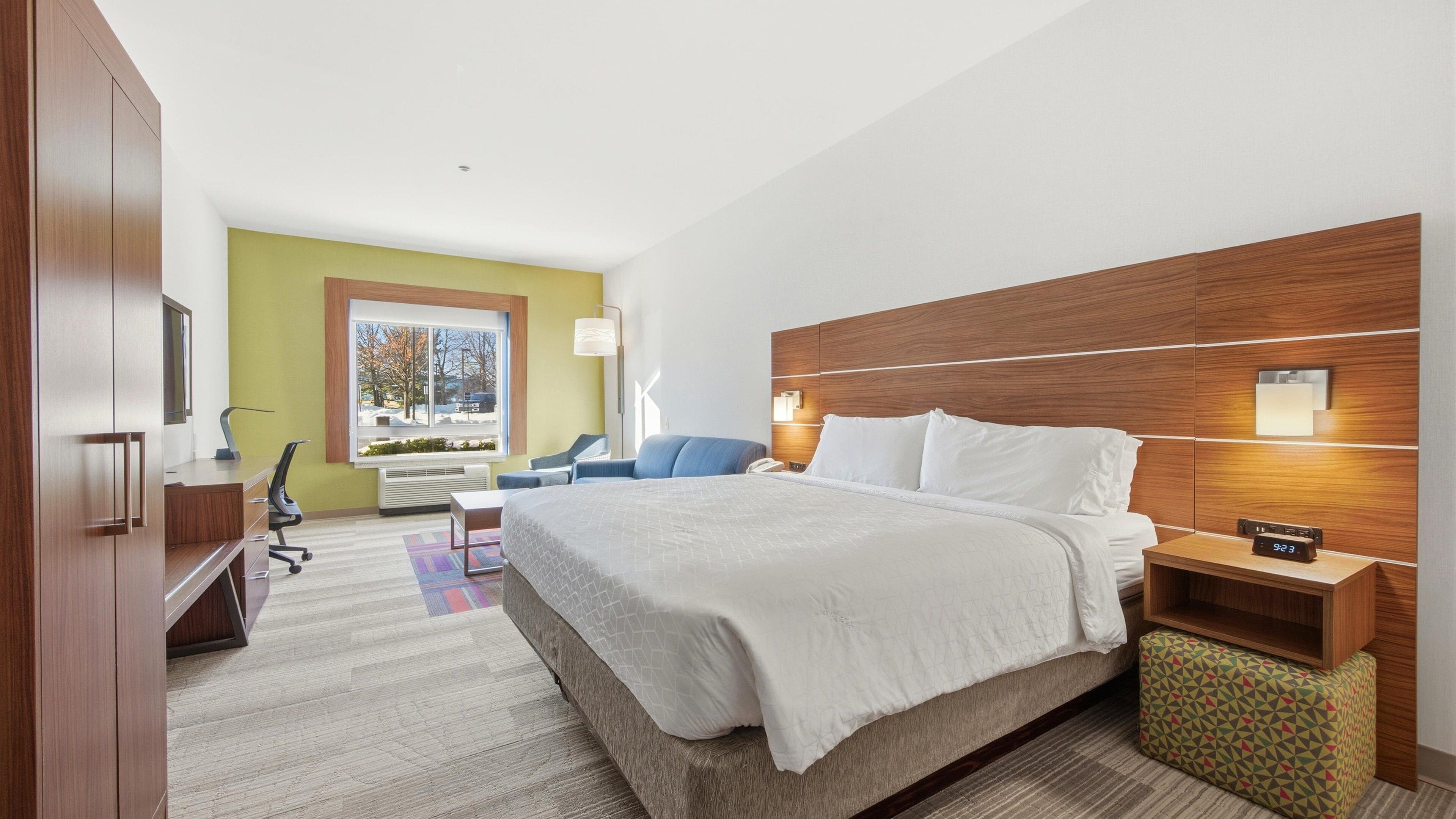 Desk, laptop workspace, blackout drapes, iron/ironing board