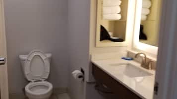 Ein Badezimmer mit Toilette, Waschbecken und Spiegel.
