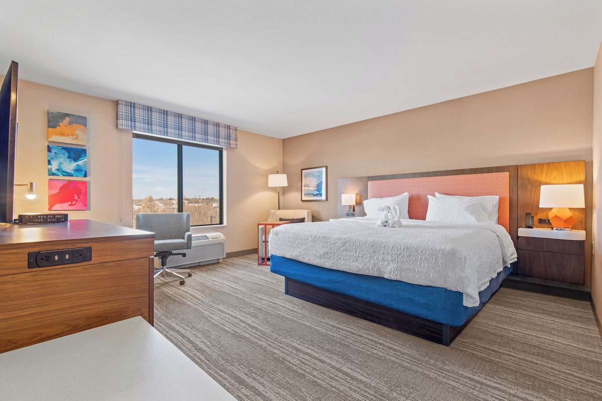 A hotel room with a large bed, a desk, a chair, and a view of the outdoors.
