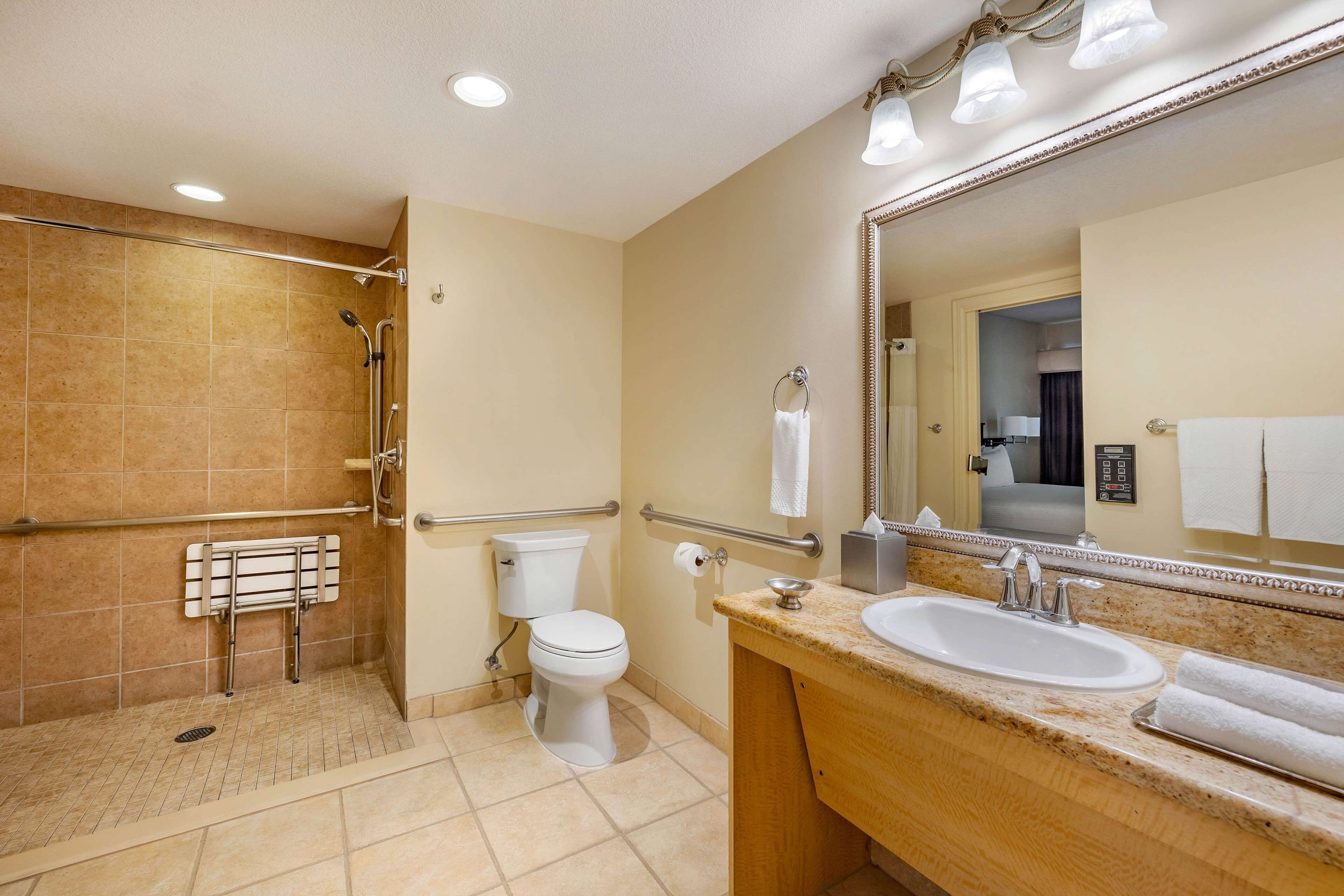 Une salle de bain équipée d’une douche, de toilettes, d’un lavabo et d’un miroir.