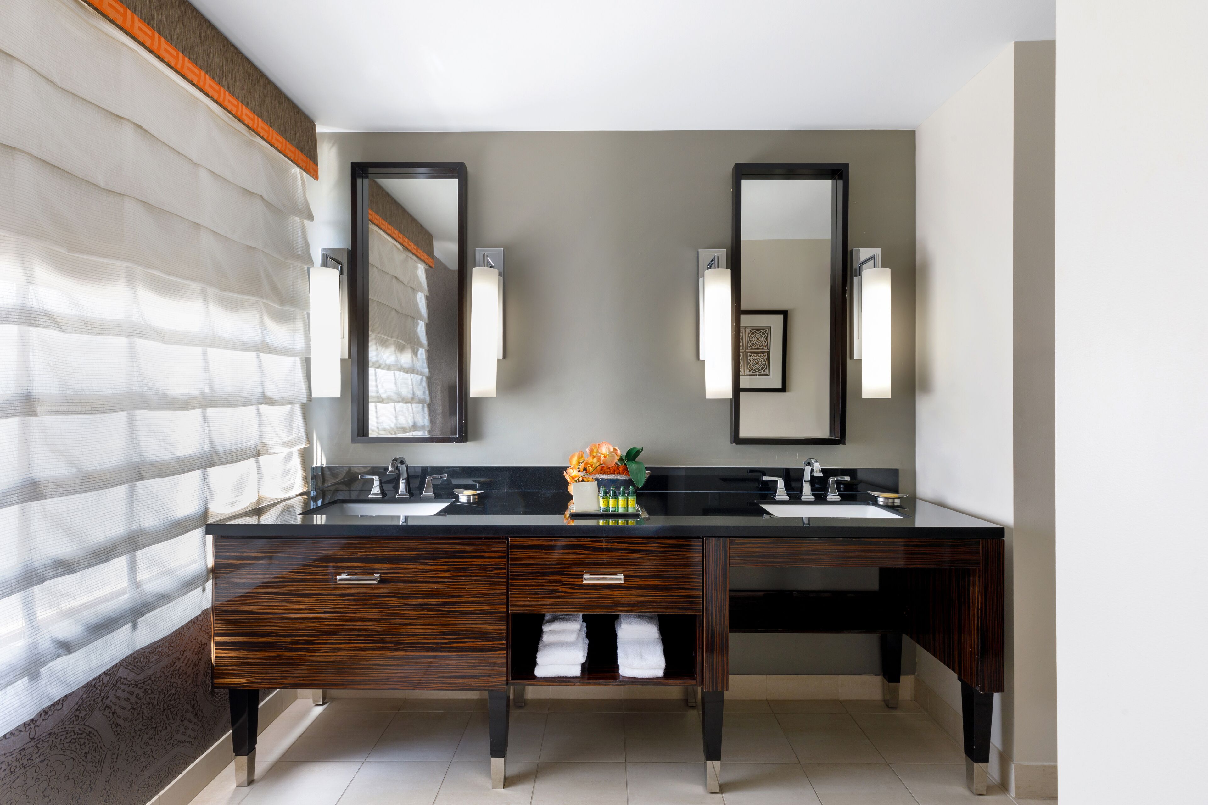 Suite, 1 King Bed, Accessible (Mobility & Hearing, Roll-in Shower) | Bathroom | Combined shower/bathtub, designer toiletries, hair dryer, bathrobes