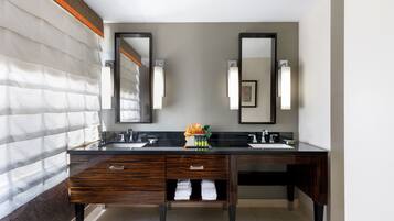 Suite, 1 King Bed, Accessible (Mobility & Hearing, Roll-in Shower) | Bathroom | Combined shower/bathtub, designer toiletries, hair dryer, bathrobes