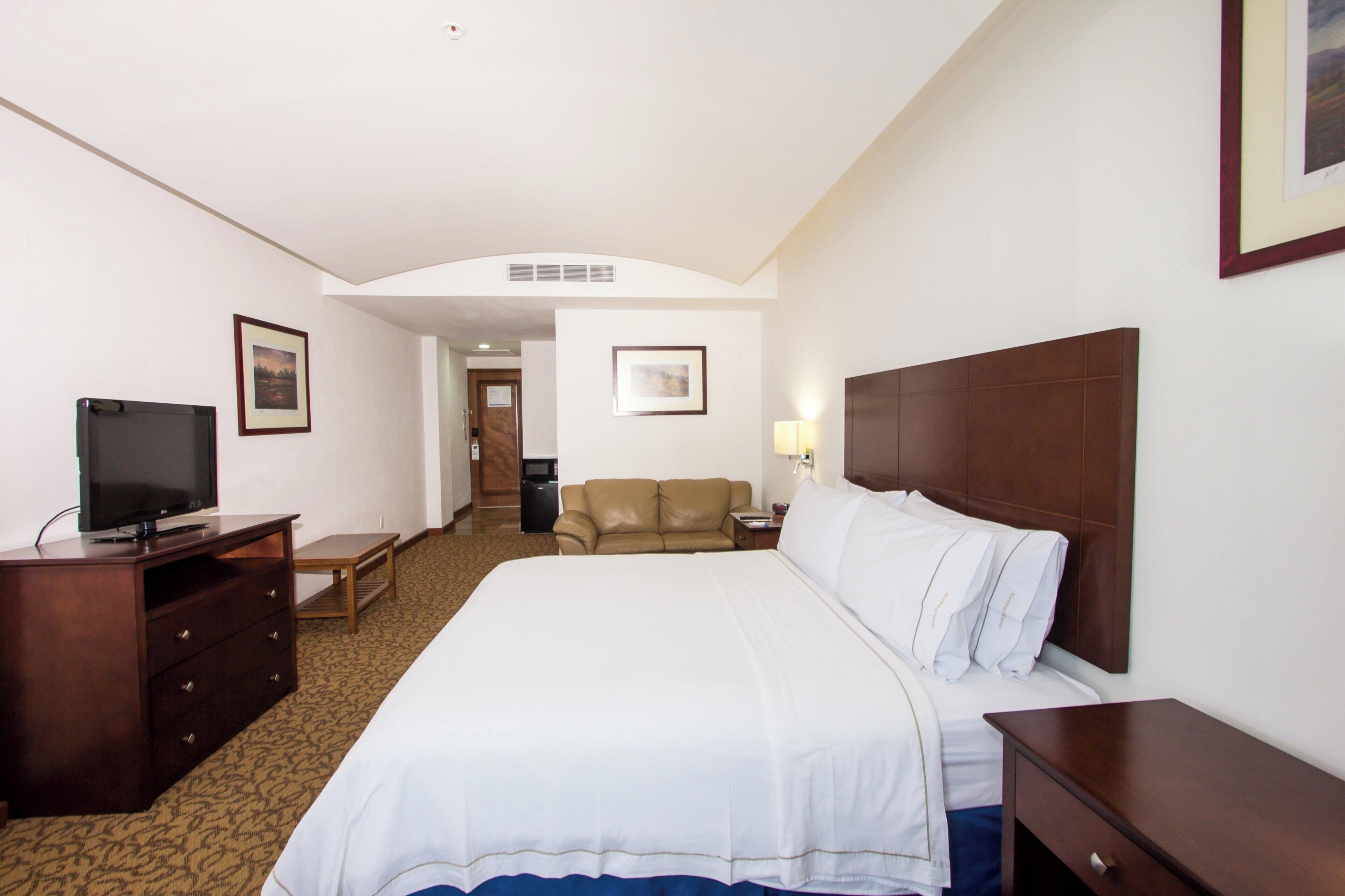 A hotel room with a bed, a television, a desk, a chair, and a sofa.