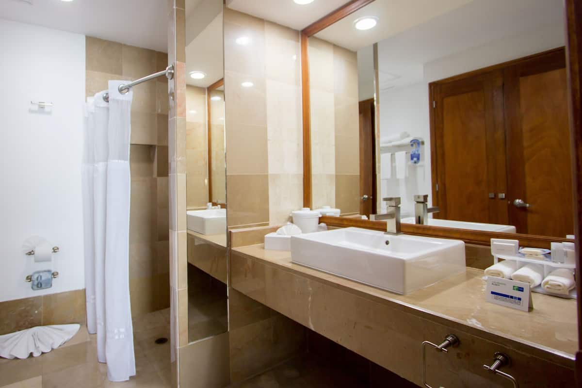 shower, rainfall showerhead, designer toiletries, hair dryer