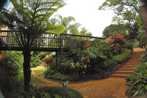 A garden pathway leading to a wooden bridge over a small stream, surrounded by lush greenery and a brick staircase. - Ridgeview Lodge (Durban)