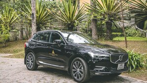 A black car parked on a cobblestone path in a garden with tropical plants and a yellow building in the background.