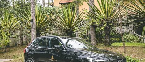 A black car parked on a cobblestone path in a garden with tropical plants and a yellow building in the background.