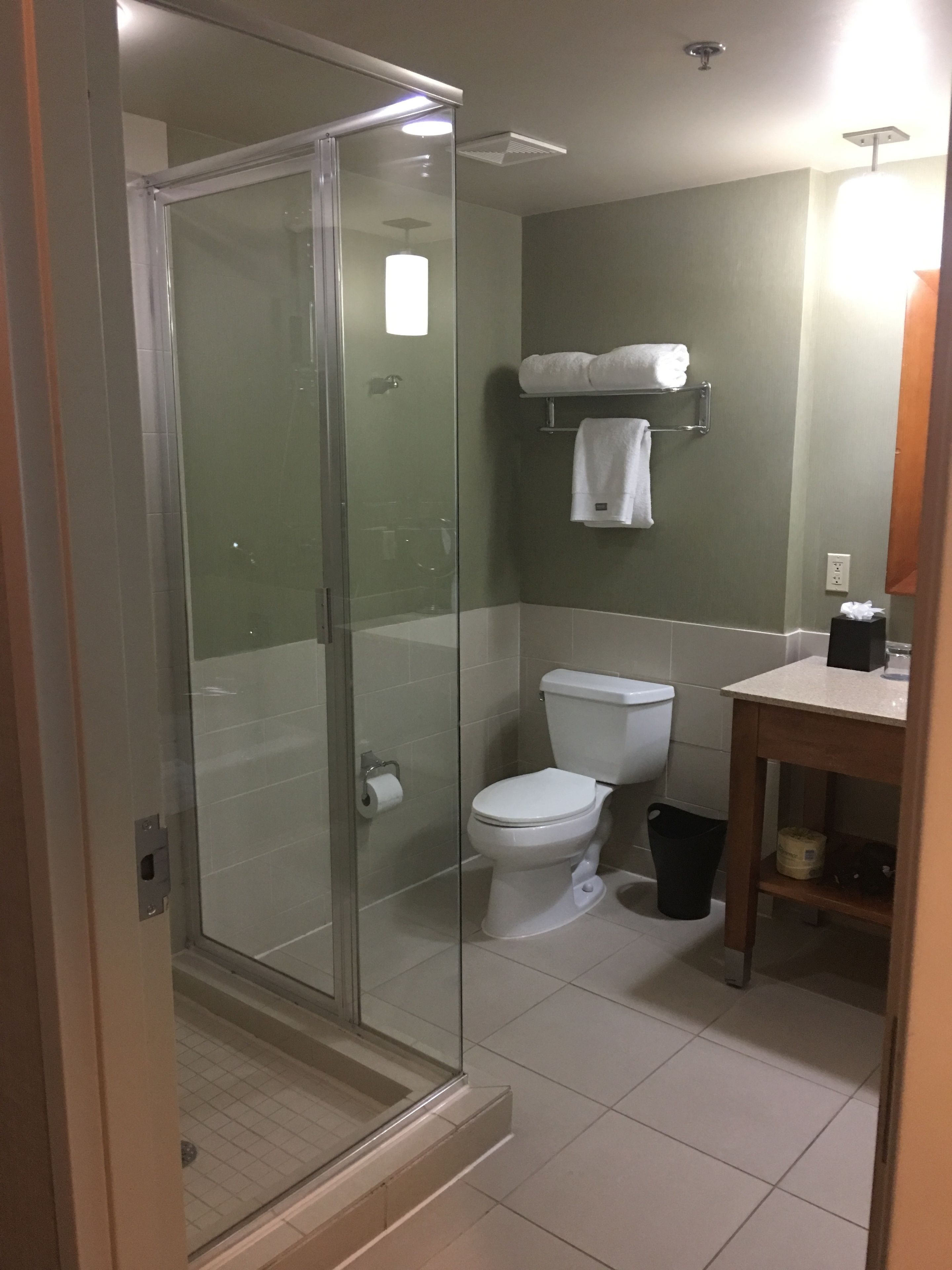 A modern bathroom with a glass-enclosed shower, a white toilet, and a sink with a mirror.