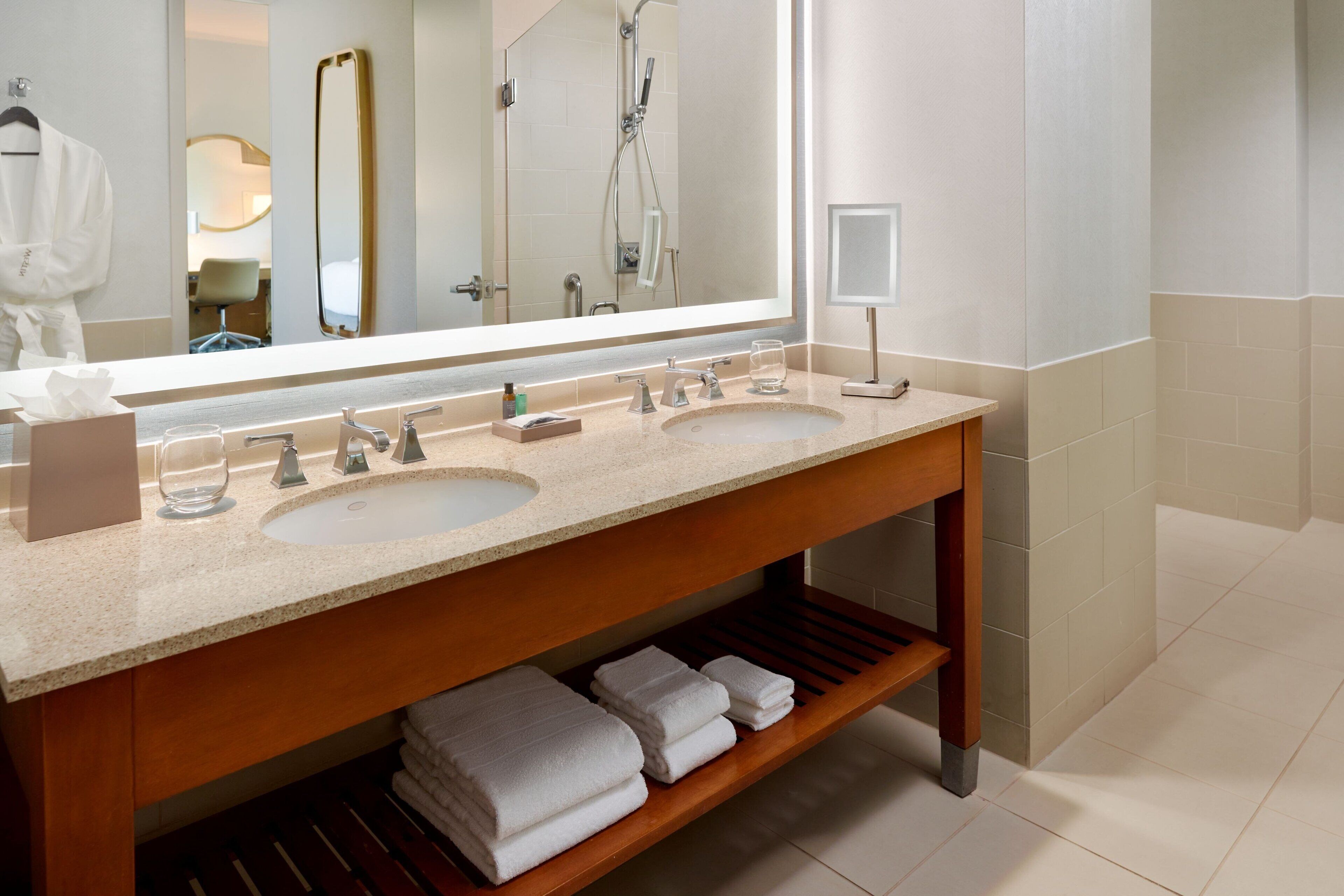 separate bathtub and shower, designer toiletries, hair dryer, bathrobes