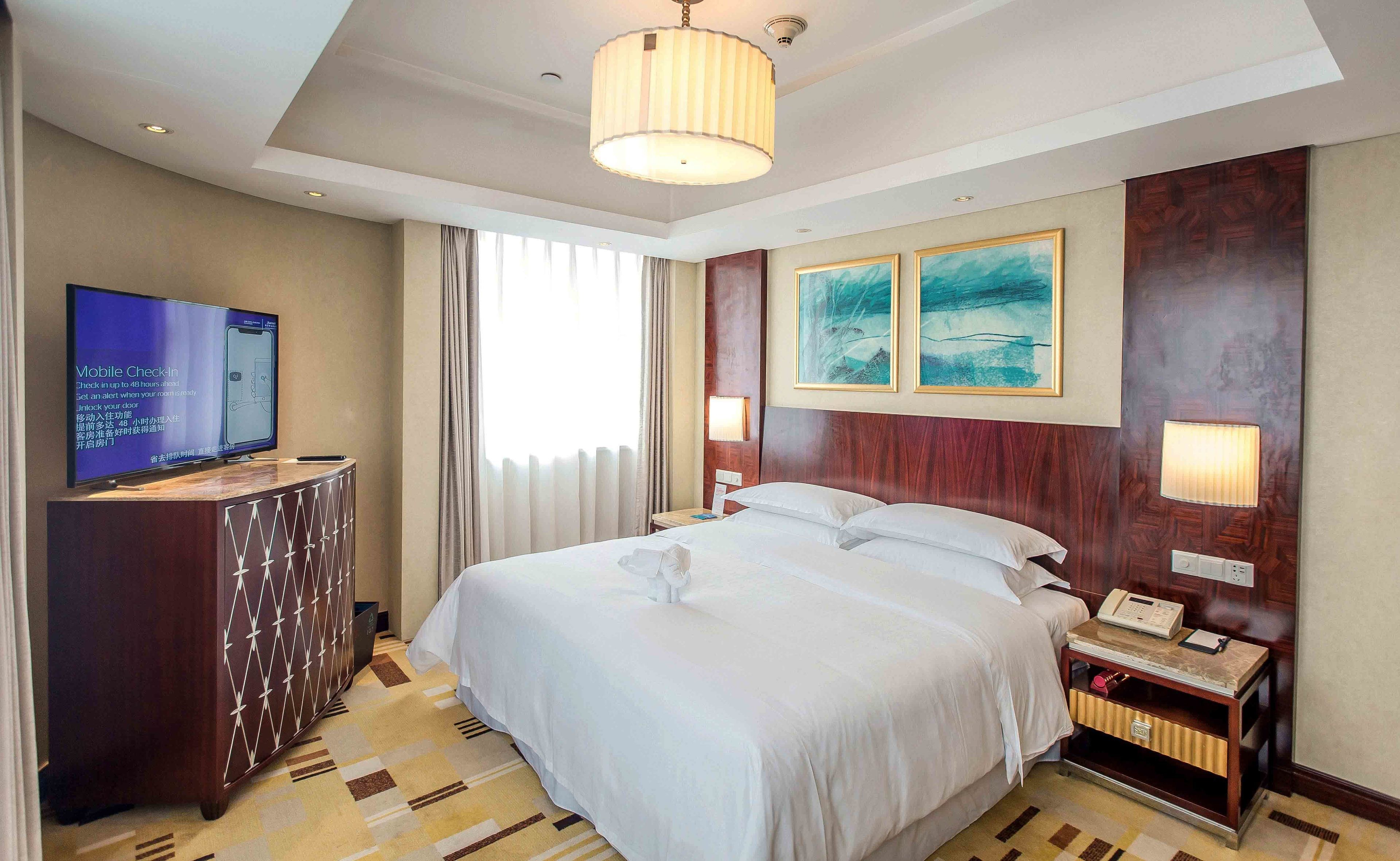 A hotel room with a large bed, a TV on a cabinet, two wall-mounted lamps, and a painting.