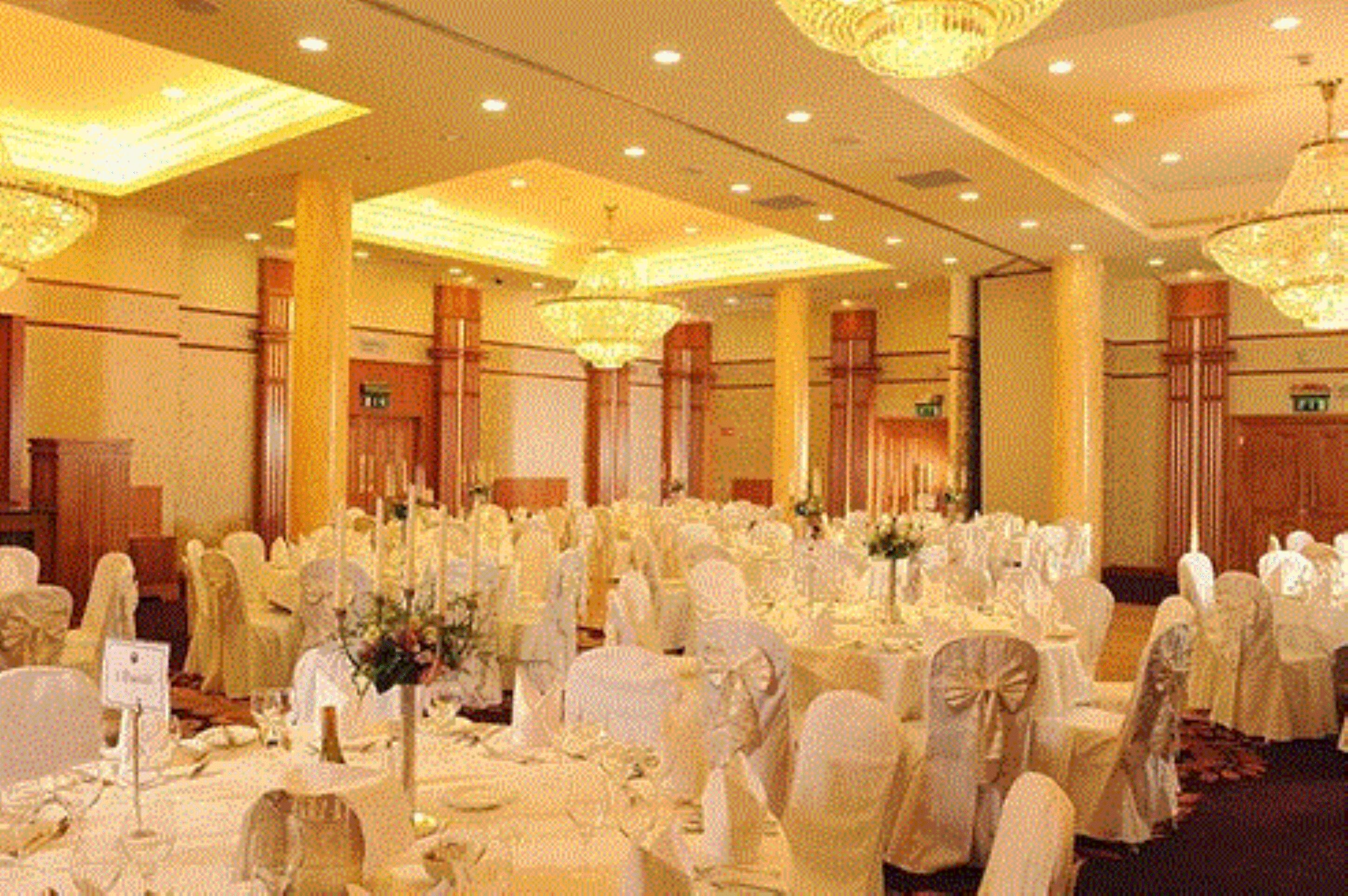 Un salón de banquetes con mesas redondas, manteles blancos y sillas decoradas con lazos.