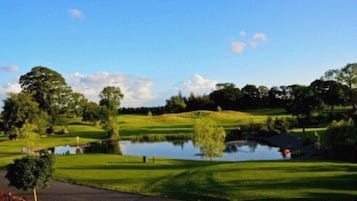 A golf course with a pond, trees, and a clear sky.