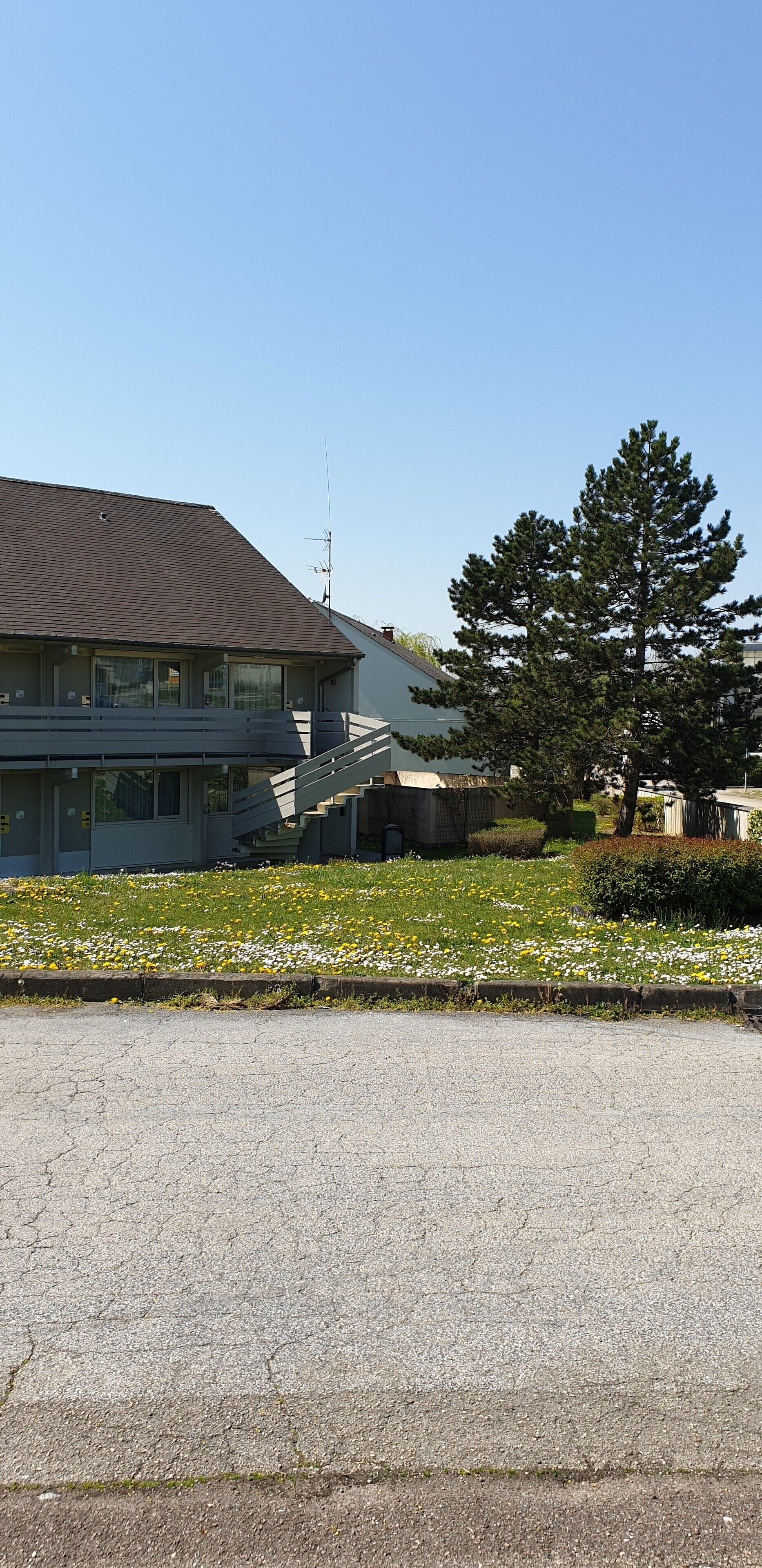 A building with a sloped roof, a staircase leading to a balcony, and a large tree in front.