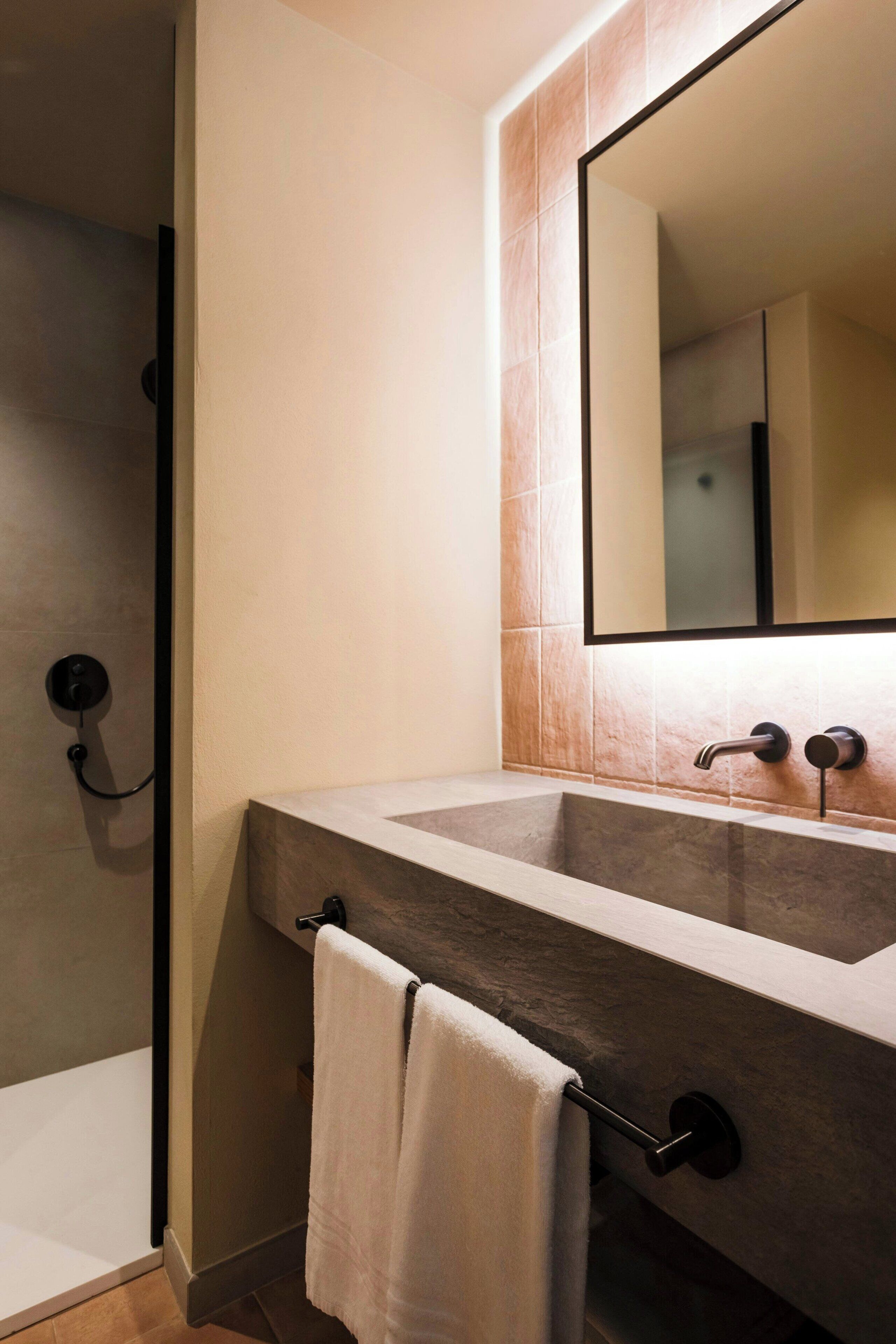 A bathroom with a large sink, a mirror, and a towel rack.