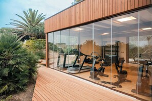 Un gimnasio moderno con equipamiento de ejercicio, amplias ventanas de vidrio y una terraza de madera.