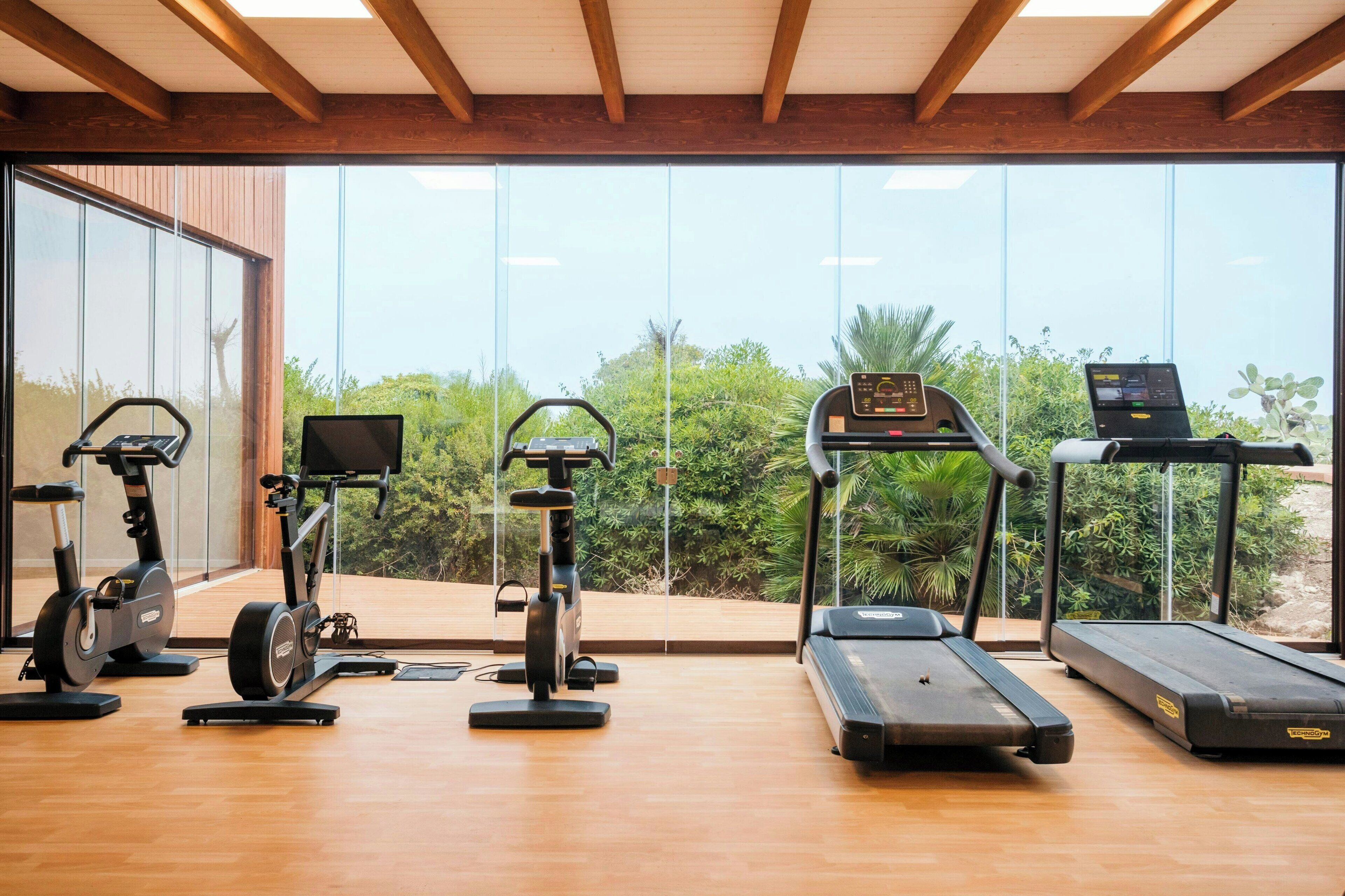 A gym with various exercise equipment including an elliptical, a stationary bike, treadmills, and a rowing machine, with large windows offering a view of greenery.