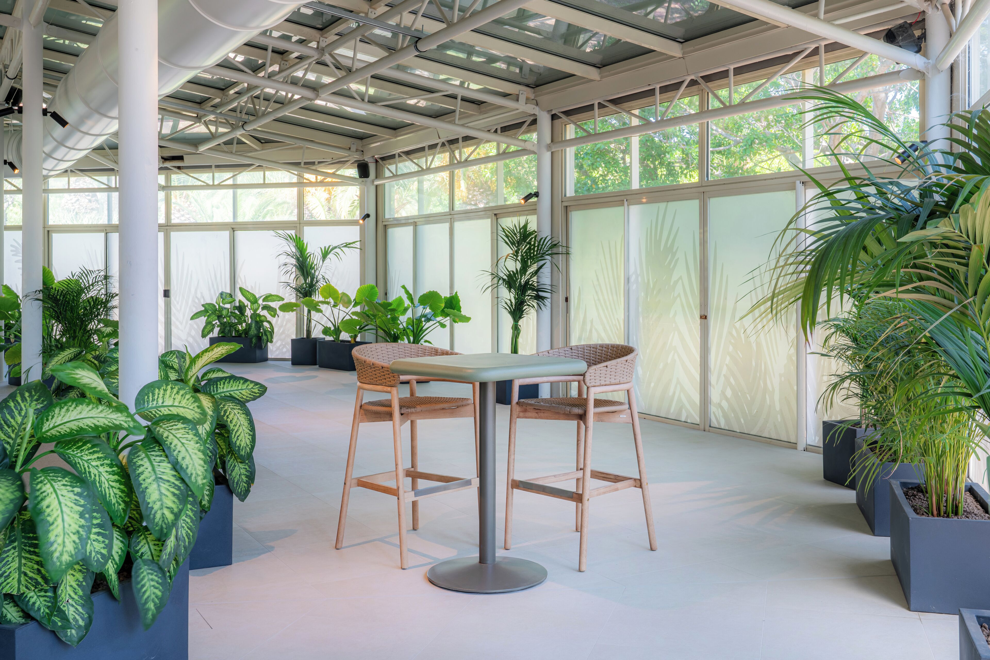 Área externa coberta com mesa e duas cadeiras, cercada por vasos de plantas e amplas janelas.