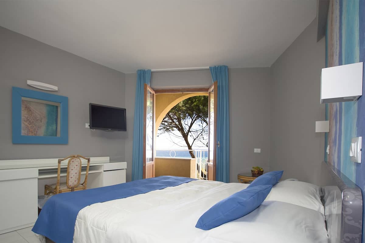 Un dormitorio con cama, escritorio, silla, televisor y vista al exterior.