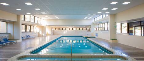 Indoor pool, outdoor pool, pool loungers