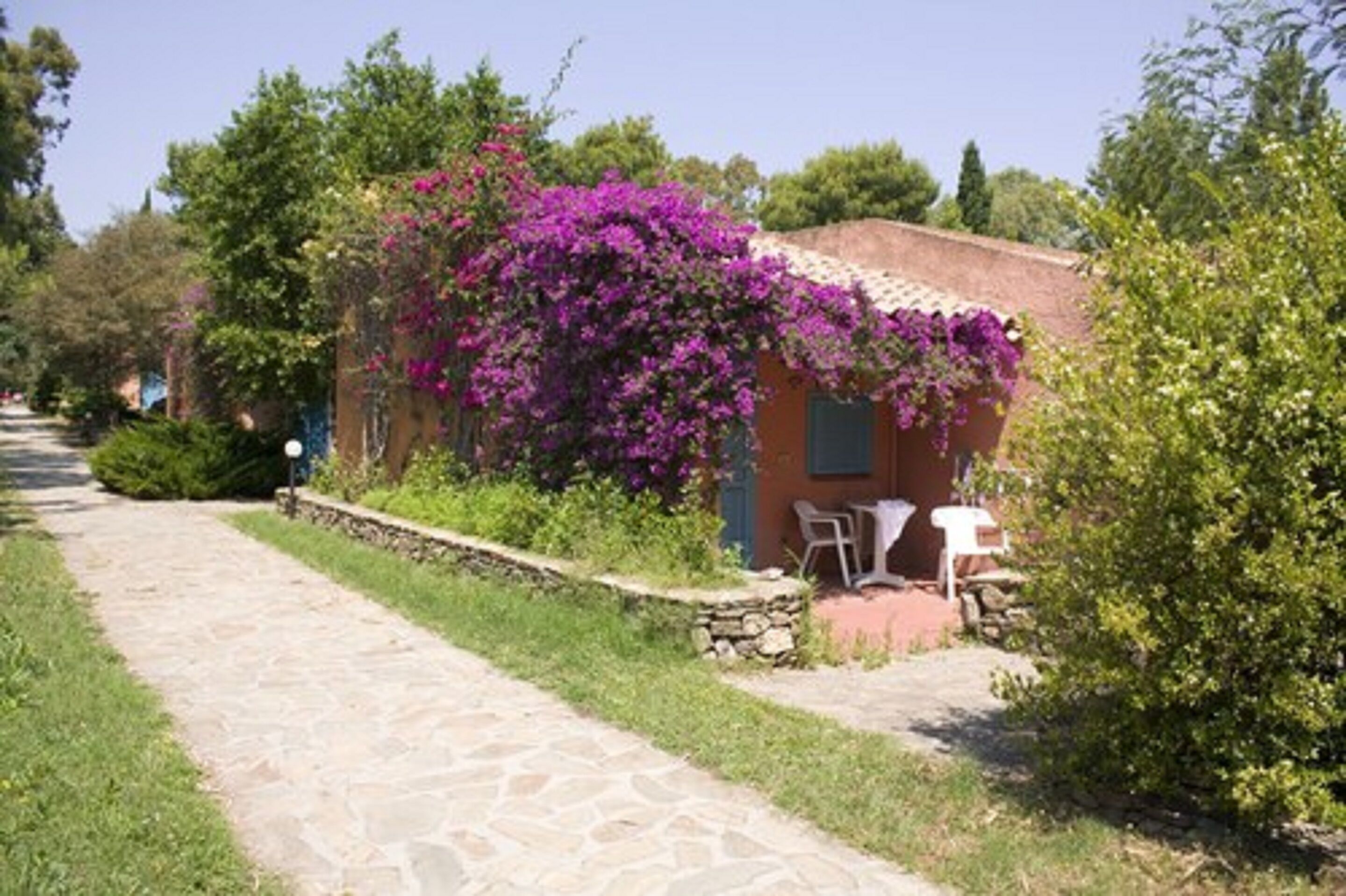 Un chemin de pierres mène à un bâtiment rustique à la façade en briques, entouré d’une végétation luxuriante et de plantes en fleurs.