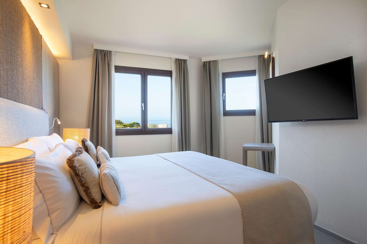 Habitación de hotel con una cama grande, un televisor de pantalla plana en la pared y una ventana con cortinas.