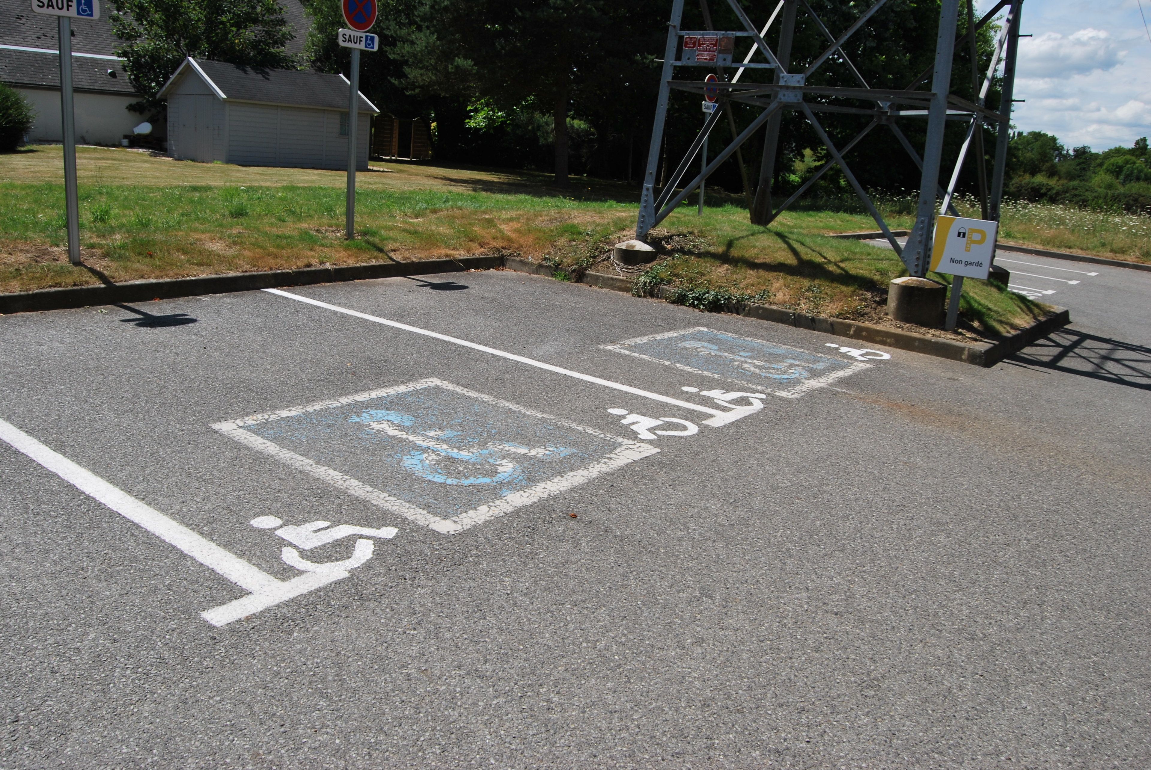 A parking area with disabled parking spaces and a pedestrian crossing.