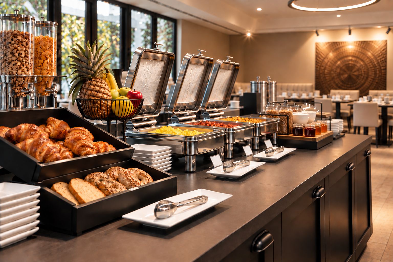 Een buffet met diverse gerechten, waaronder fruit, gebak en sauzen.