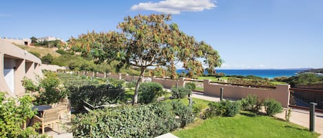 Un jardín con un árbol, un banco y vistas al mar.