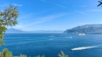 A coastal view with a cruise ship, clear blue sea, and distant mountains.