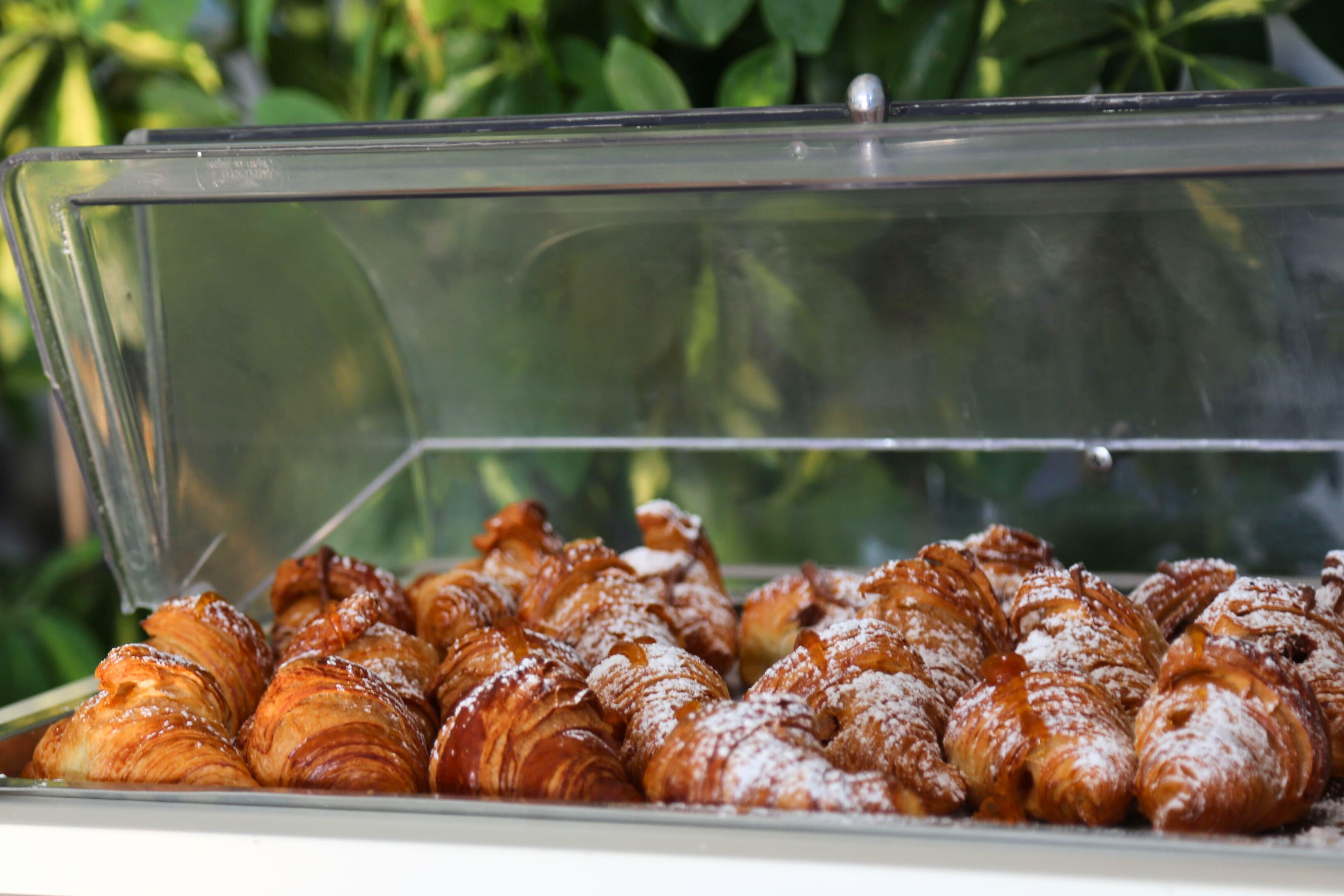A display case containing croissants dusted with powdered sugar.