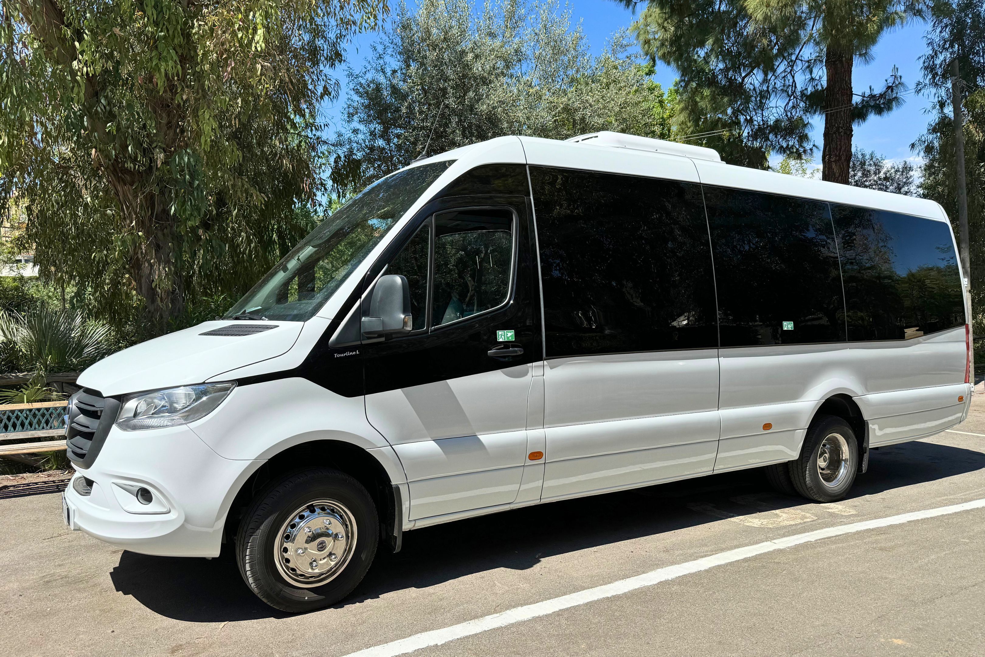A white van parked on a road with trees in the background.