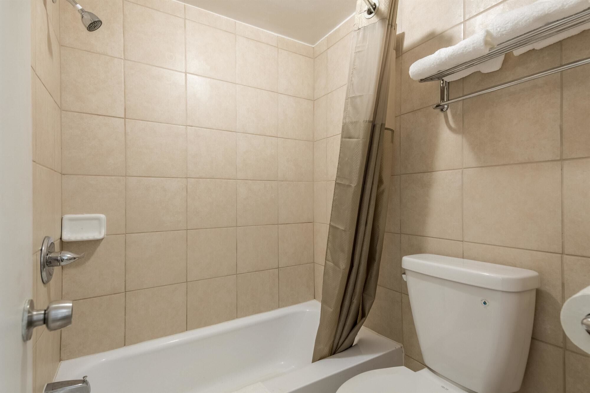 Une salle de bain avec une baignoire, des toilettes et une douche.