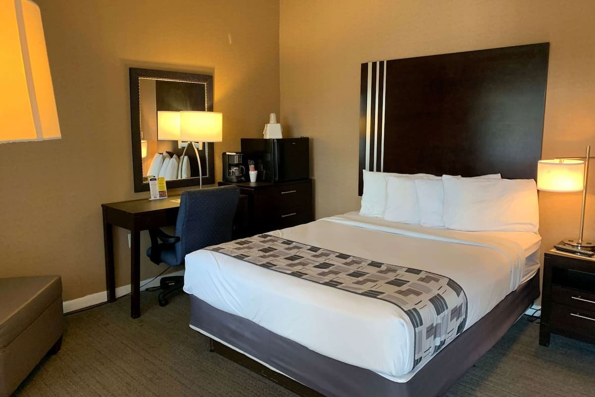 A hotel room with a bed, a desk, a chair, a dresser, a mirror, and a nightstand with a lamp.