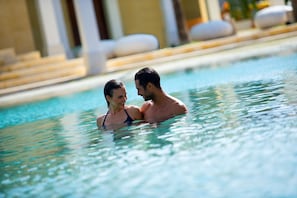 Outdoor pool, pool umbrellas, pool loungers