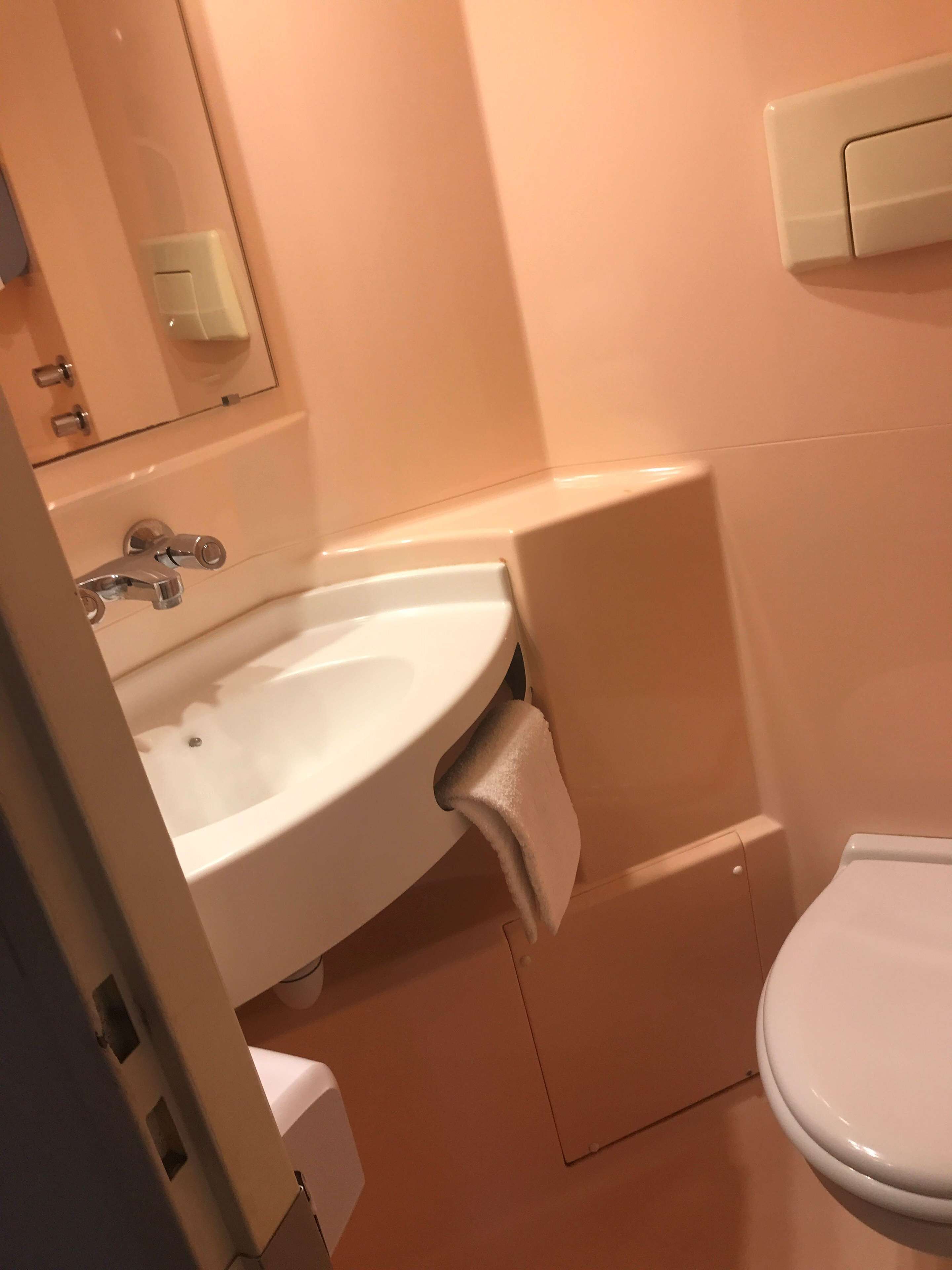 Une salle de bain avec un lavabo, un miroir et des toilettes.