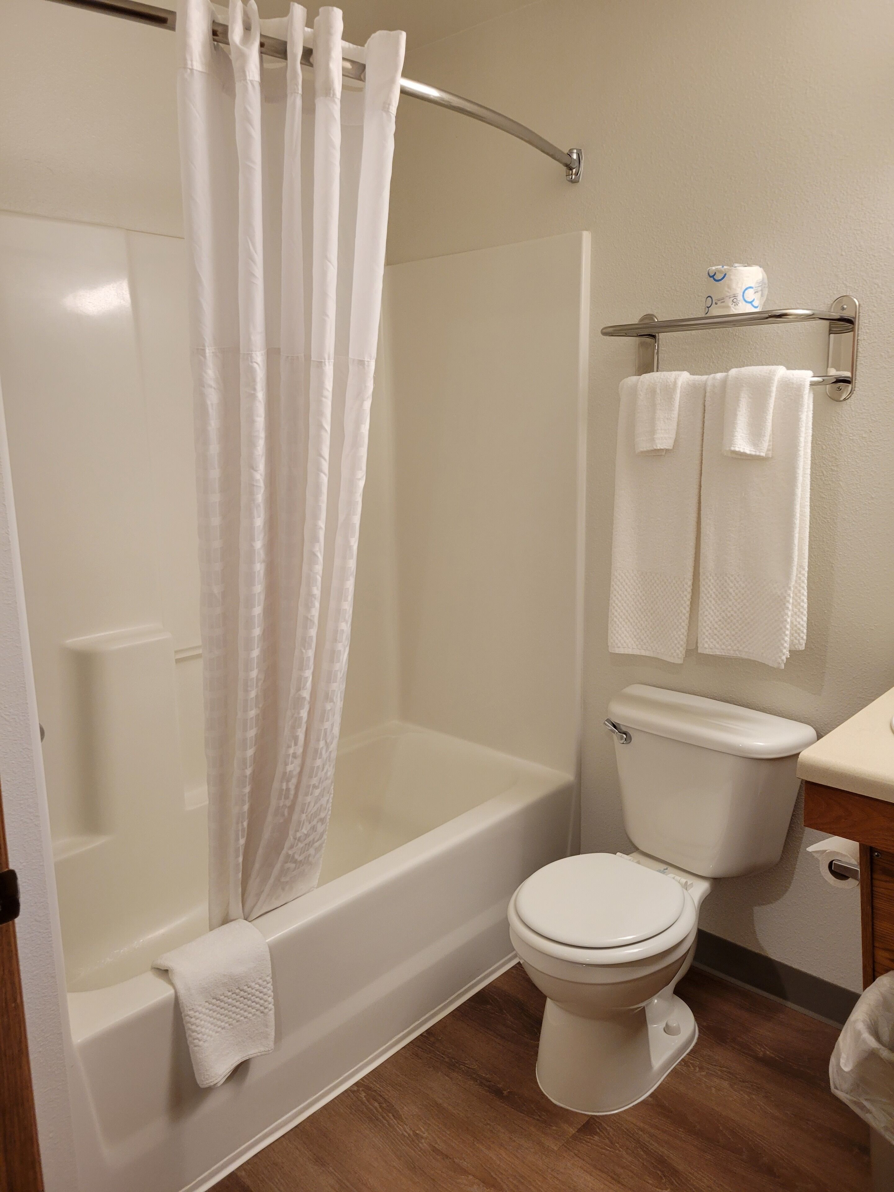 combined shower/bathtub, free toiletries, towels