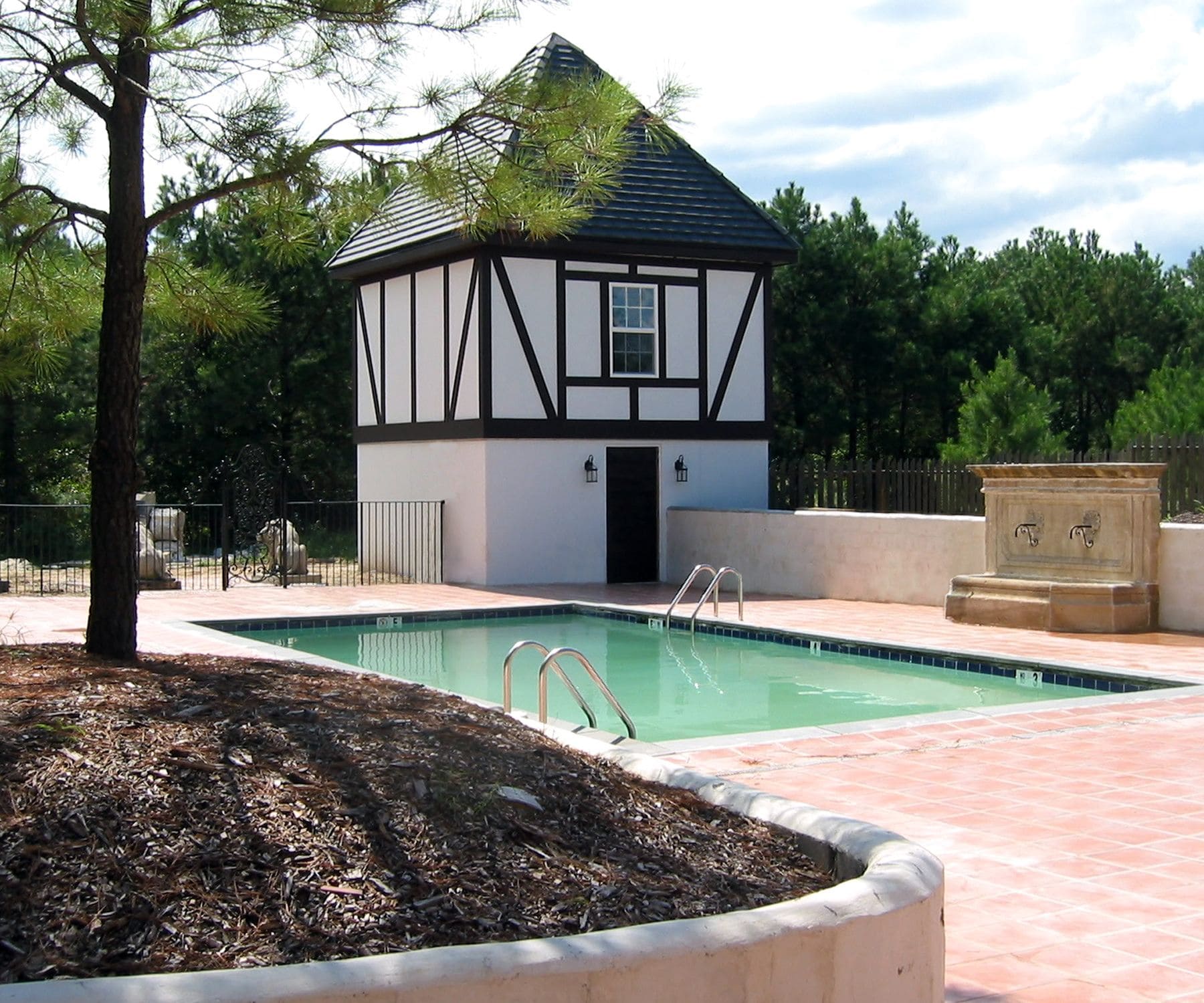 seasonal outdoor pool, pool umbrellas, pool loungers