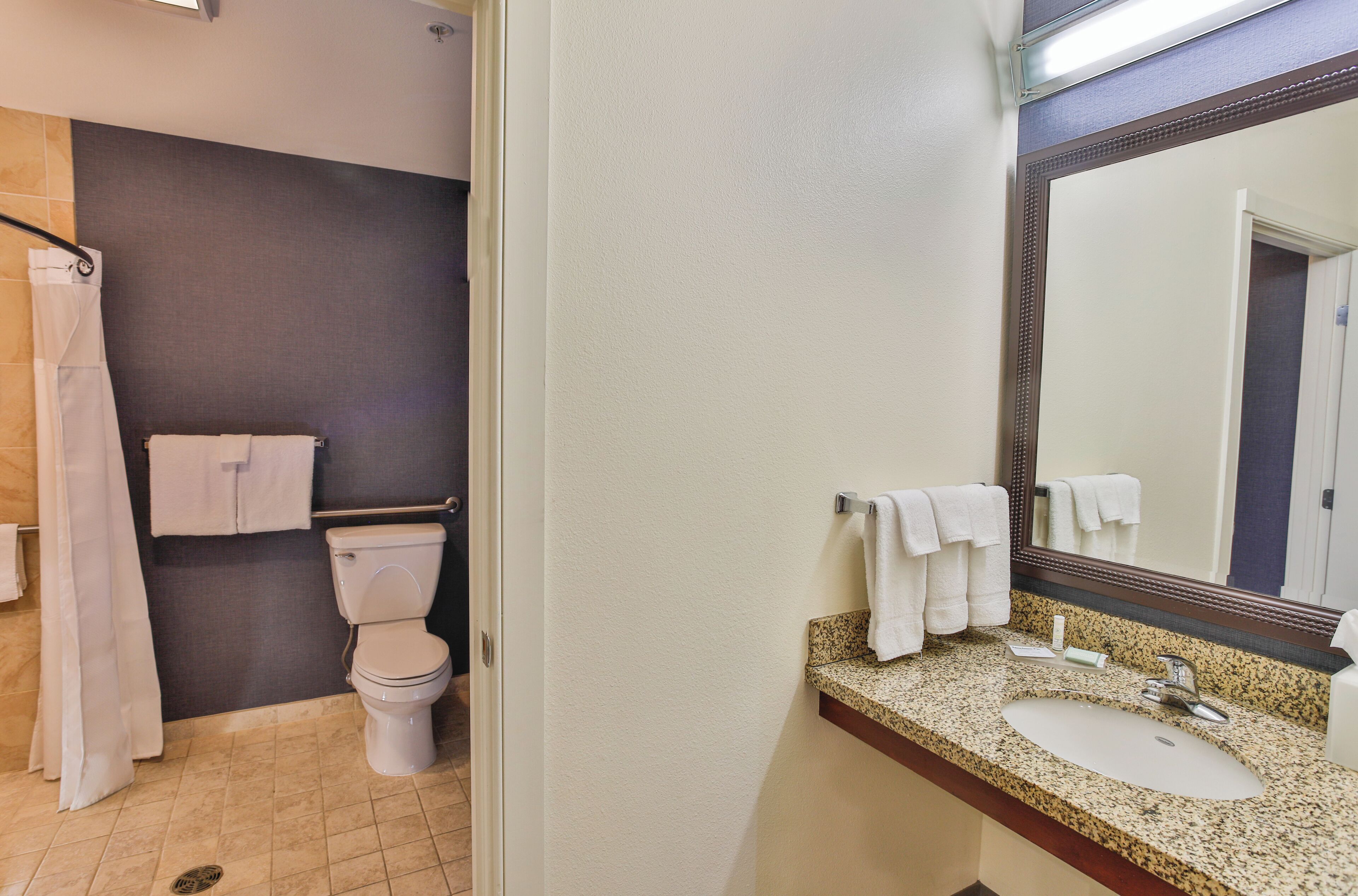 A bathroom with a toilet, sink, and mirror.