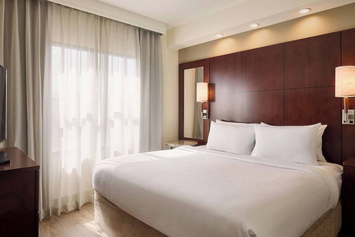 A hotel room with a large bed, a bedside table, a lamp, and a view of the outdoors through sheer curtains.