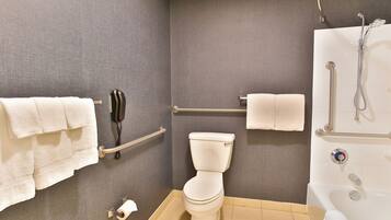 A bathroom with a toilet, a shower, and a handrail.