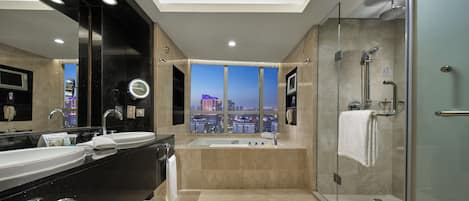 Separate tub and shower, deep soaking tub, rainfall showerhead