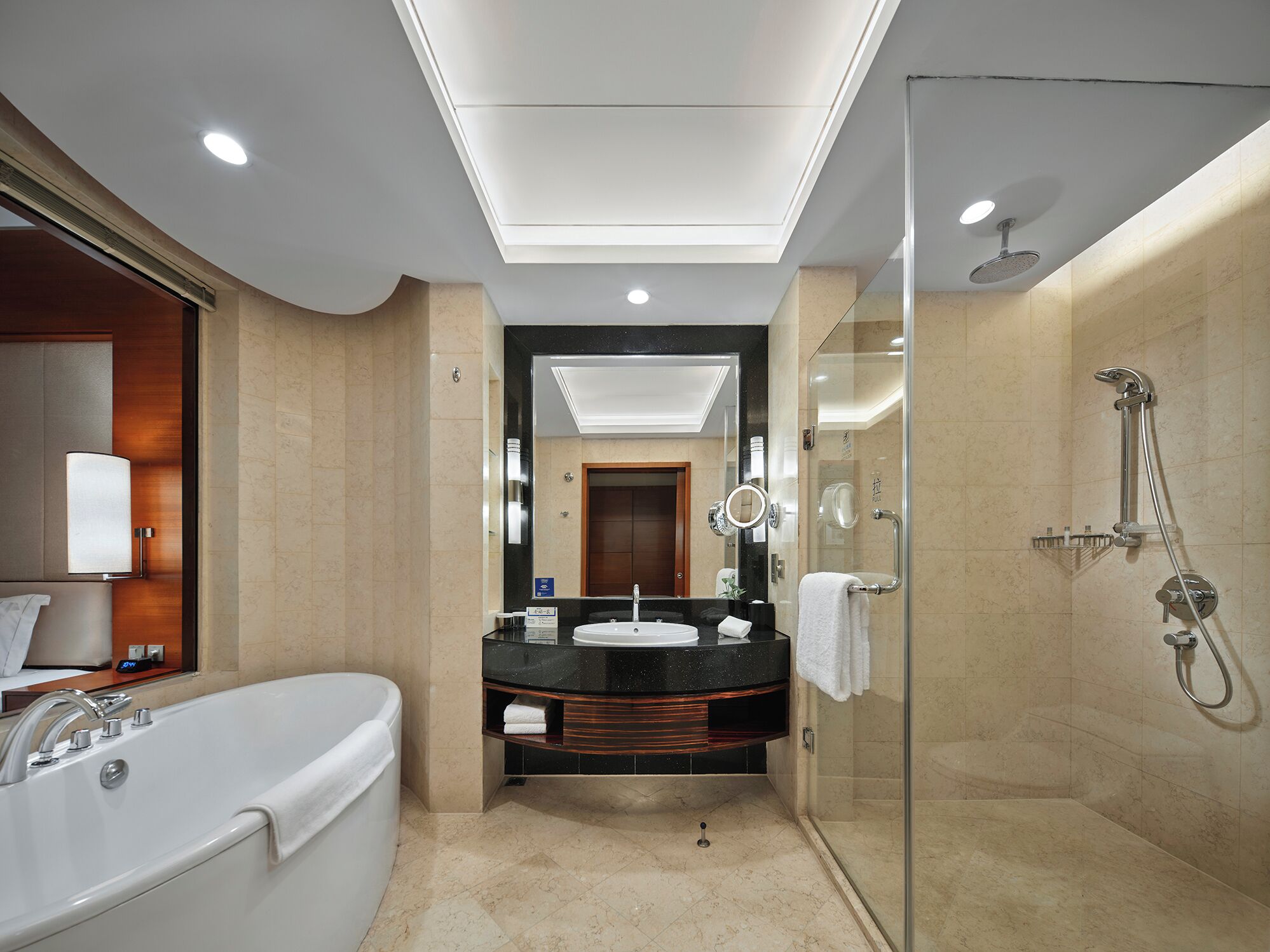 A modern bathroom with a bathtub, a sink, a shower, and a glass-enclosed shower area.