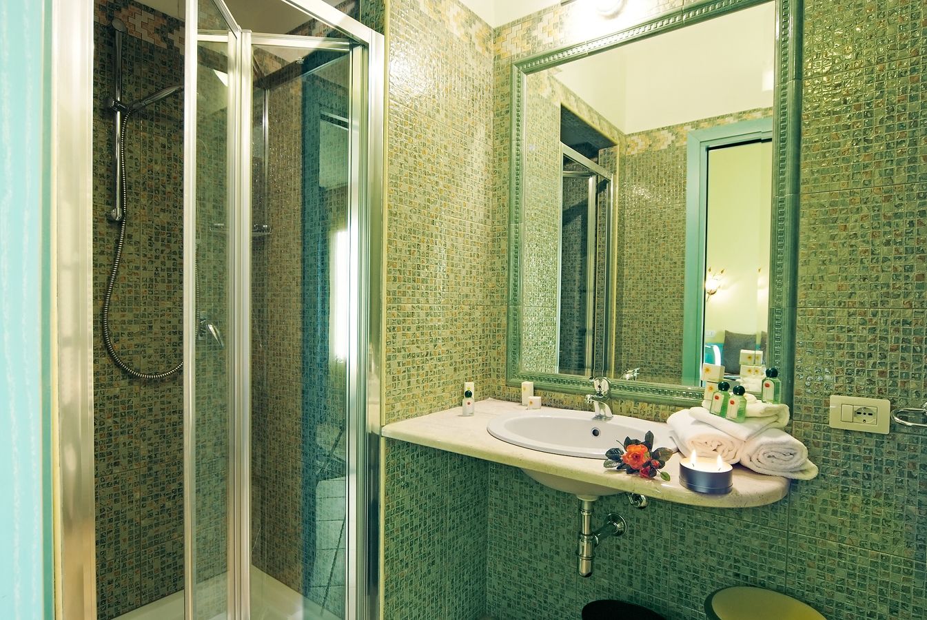 shower, hydromassage showerhead, hair dryer, bathrobes