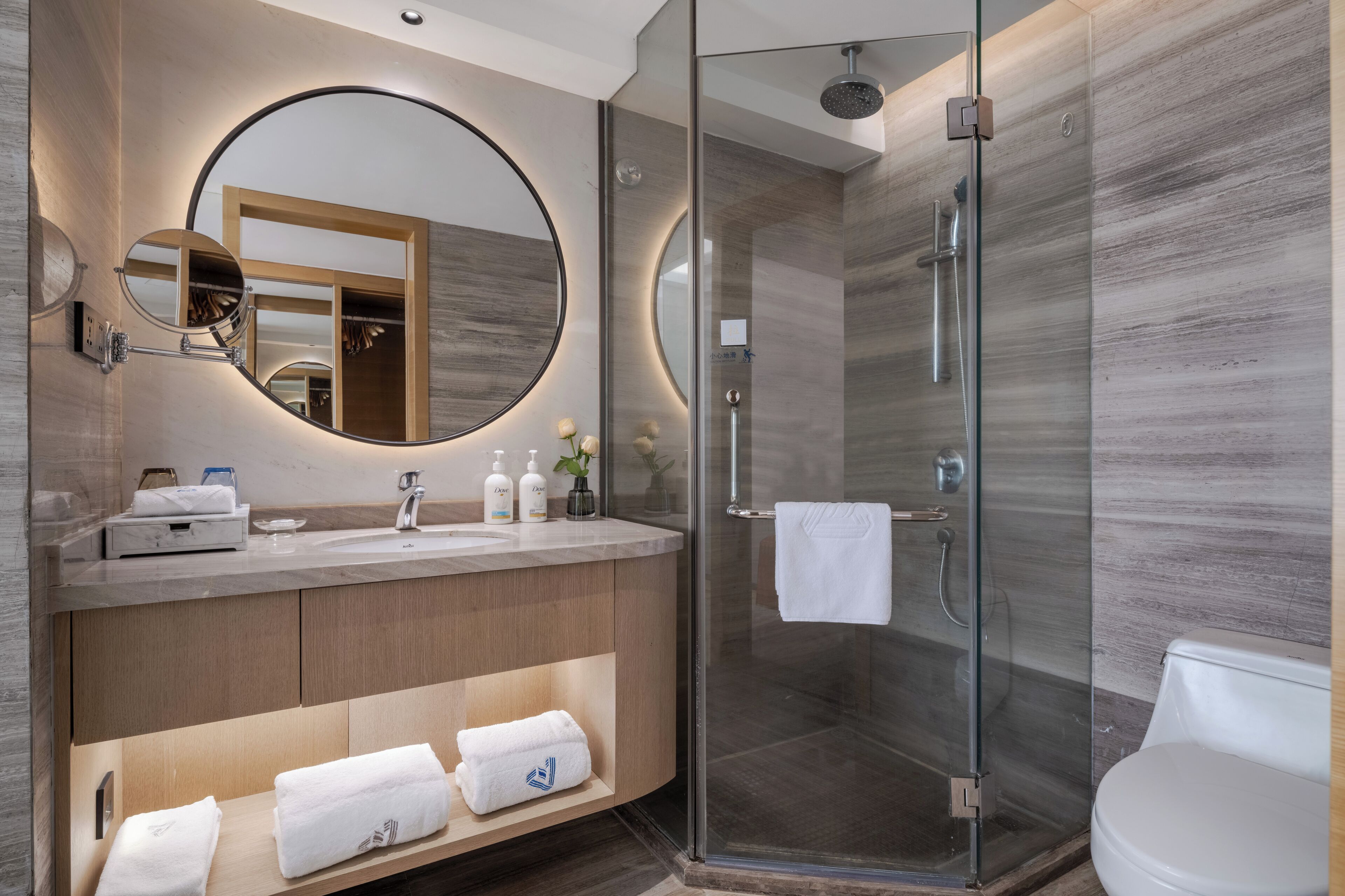 hair dryer, bathrobes, slippers, towels