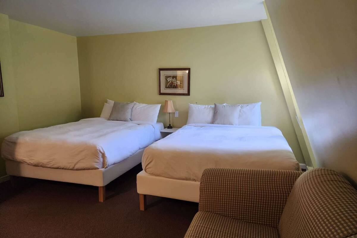 Une chambre avec deux lits simples, une petite table avec une lampe et une chaise à motifs à carreaux.
