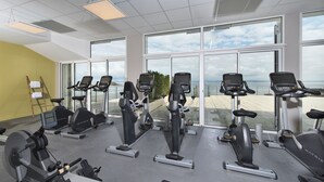 A gym with multiple cardio machines, large windows, and a view of the sea. - Valdys Thalasso & Spa Hotel - l’Escale marine (Douarnenez)
